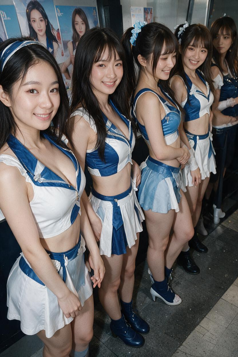 Side Ponytail, Beautiful Blue And White Idol Outfit, Not Wearing Underwear Asian AI Porn