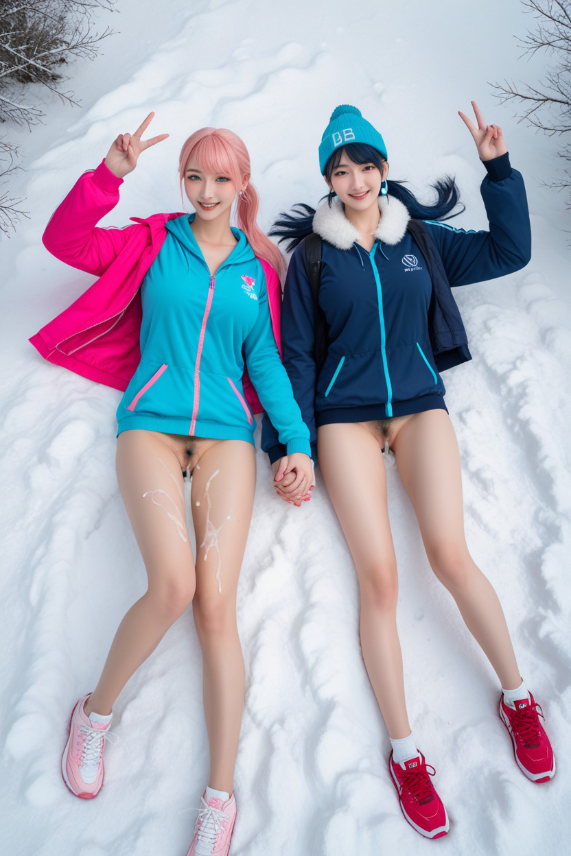 Skinny, Lying On Snow Field, Gloves Asian AI Porn