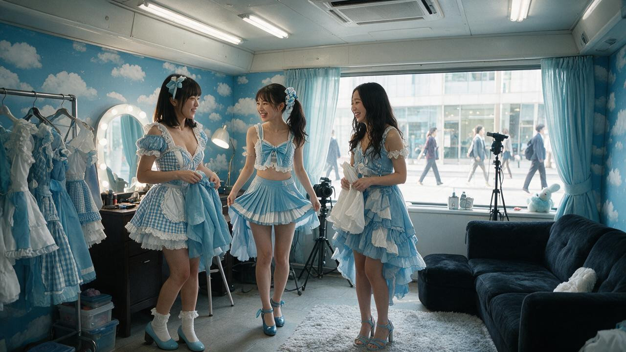 Bangs, And Well-shaped Costumes Three Female Idols Are Changing Clothes; They Are Conversing With One Another, Miss Universe-level Looks Asian AI Porn