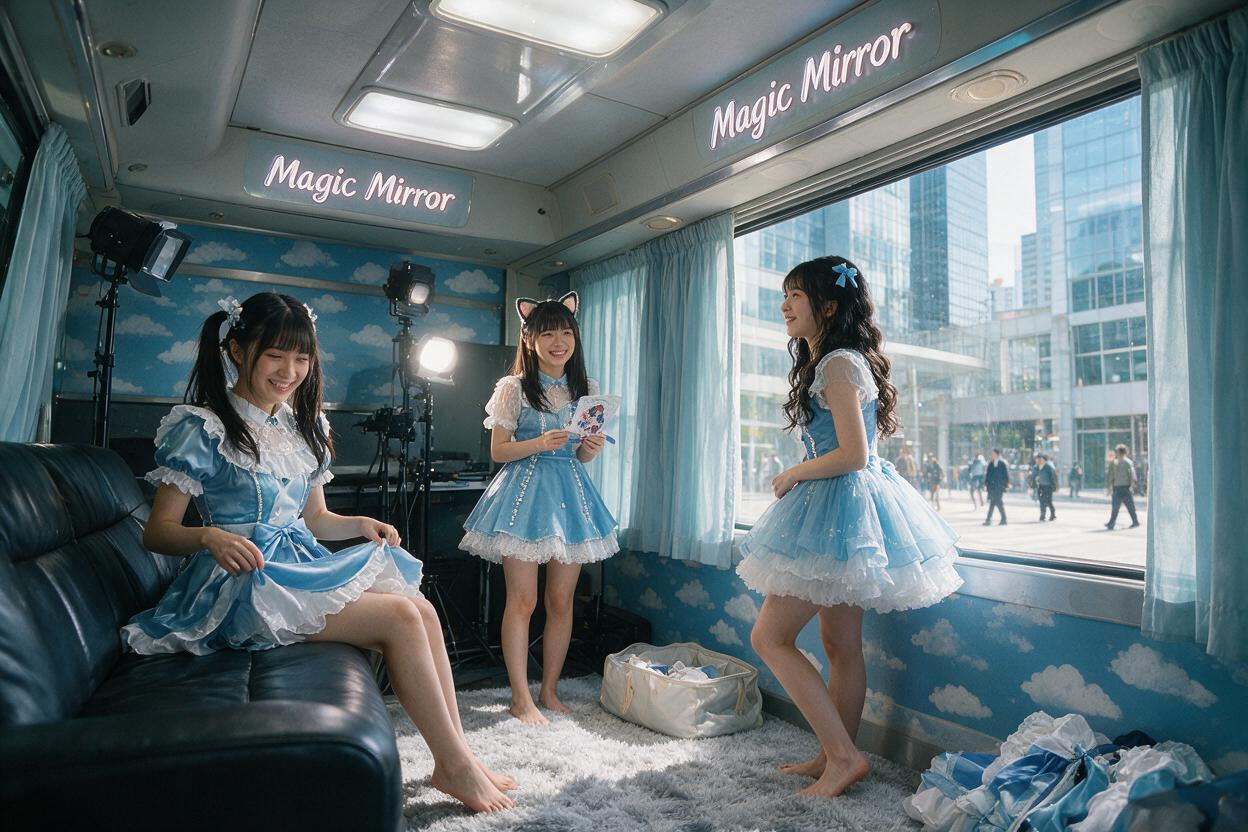 Anatomically Accurate Bodies, Beautiful Costumes That Are Anatomically Accurate A Scene Showing Three Female Idols Engaging In Clothed Sex With Their Breasts Exposed The First Idol Sits On A Sofa In The Left Corner With Her Legs Spread, Breathtaking Beauty Asian AI Porn