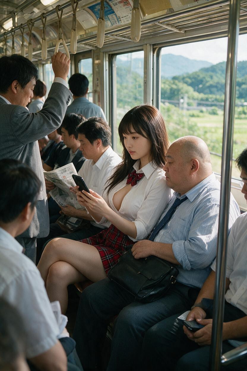 Five-fingered Hands, Portrait, Overweight Salaryman Is Sitting Right Next To Her Asian AI Porn