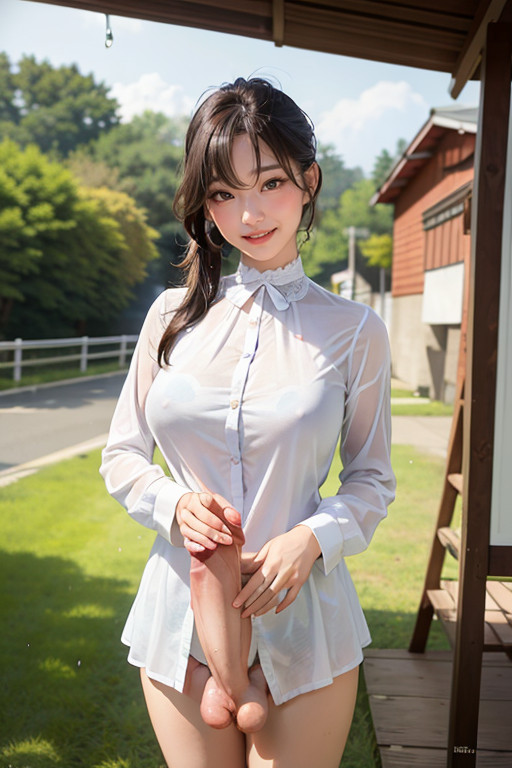 Long Sleeves, Collar Ribbon, Showing Futanari Erect Penis Asian AI Porn