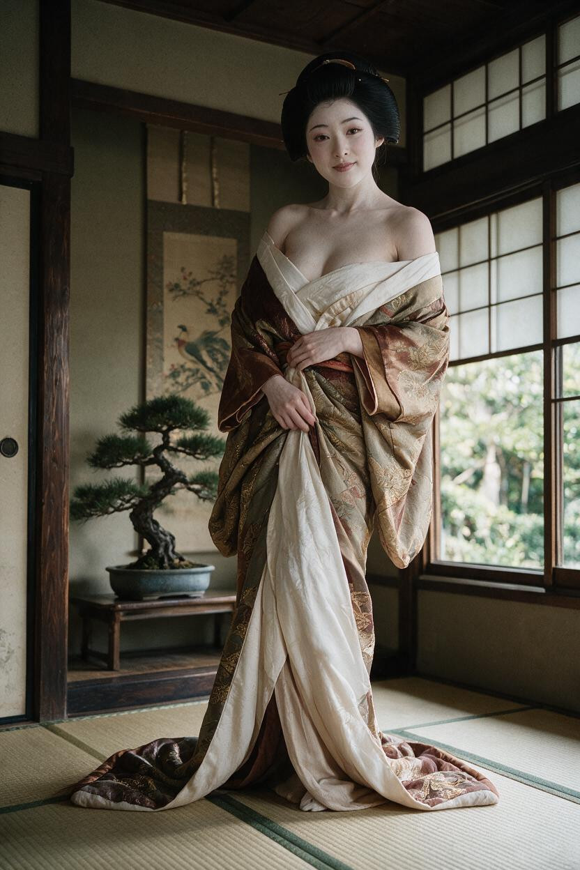 Unbuttoned Kimono, Layered, Albino-white Skin Asian AI Porn