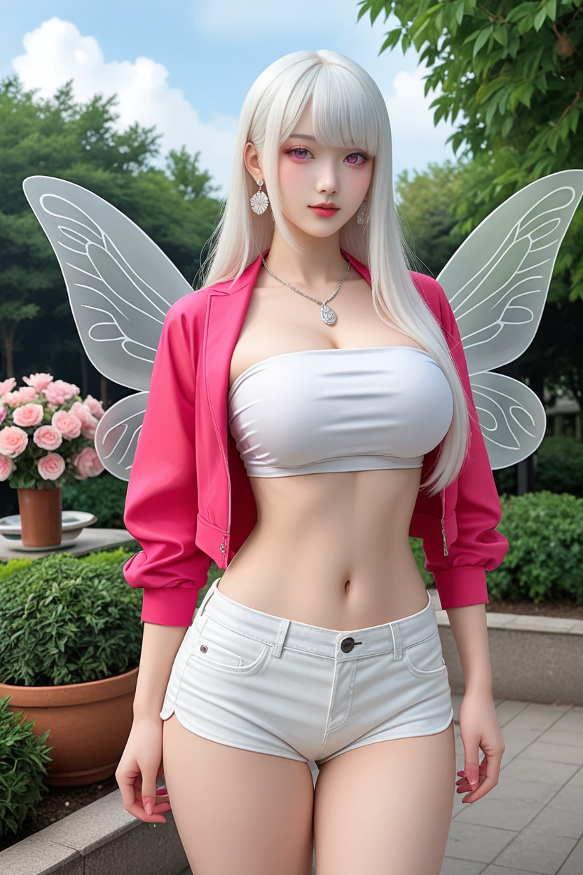 Pink Fairy Wings, Silver Necklace, Albino Skin Asian AI Porn