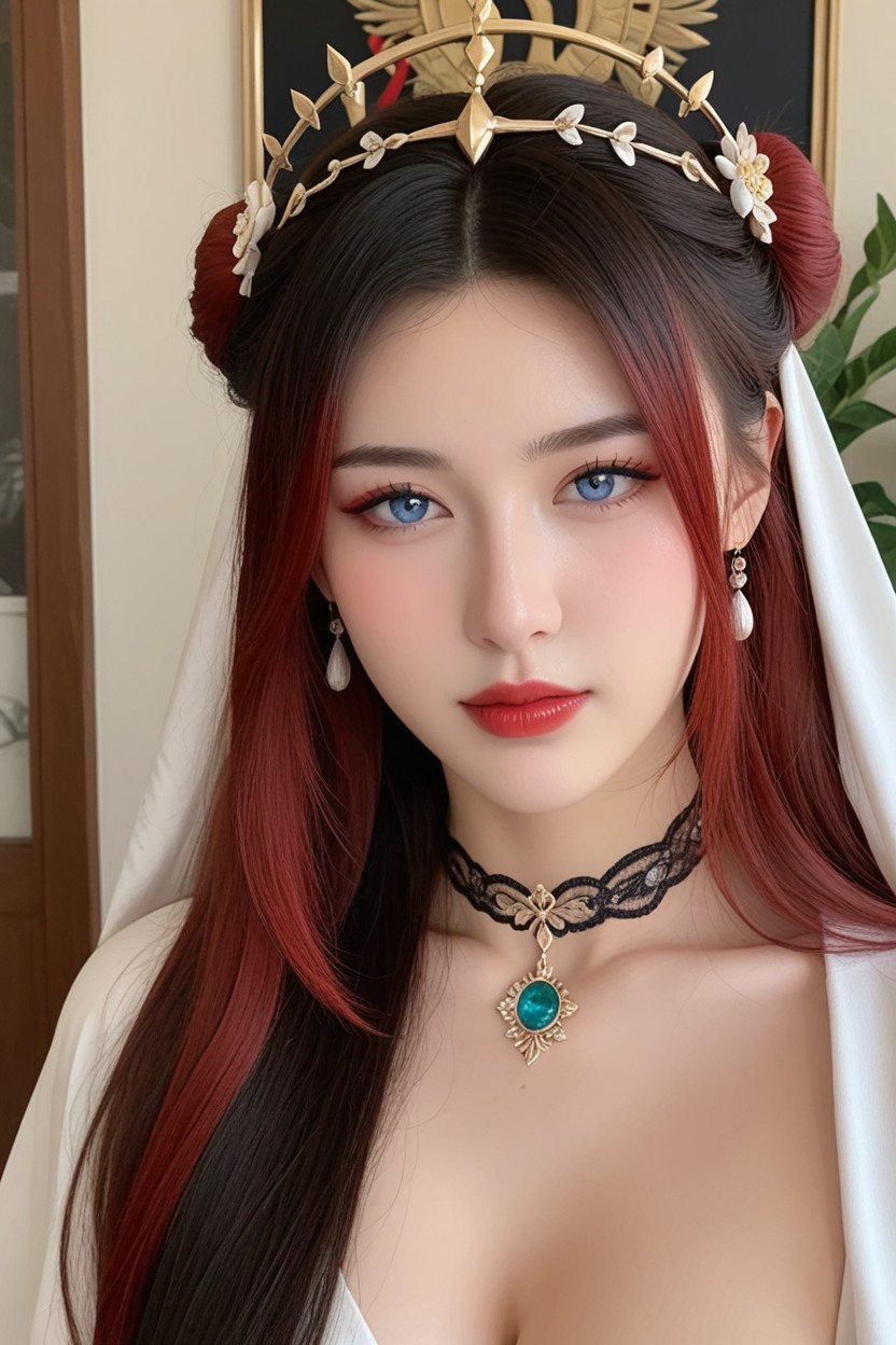 Golden Laurel Wreath, Two Tone Hair, Beautiful Face Asian AI Porn