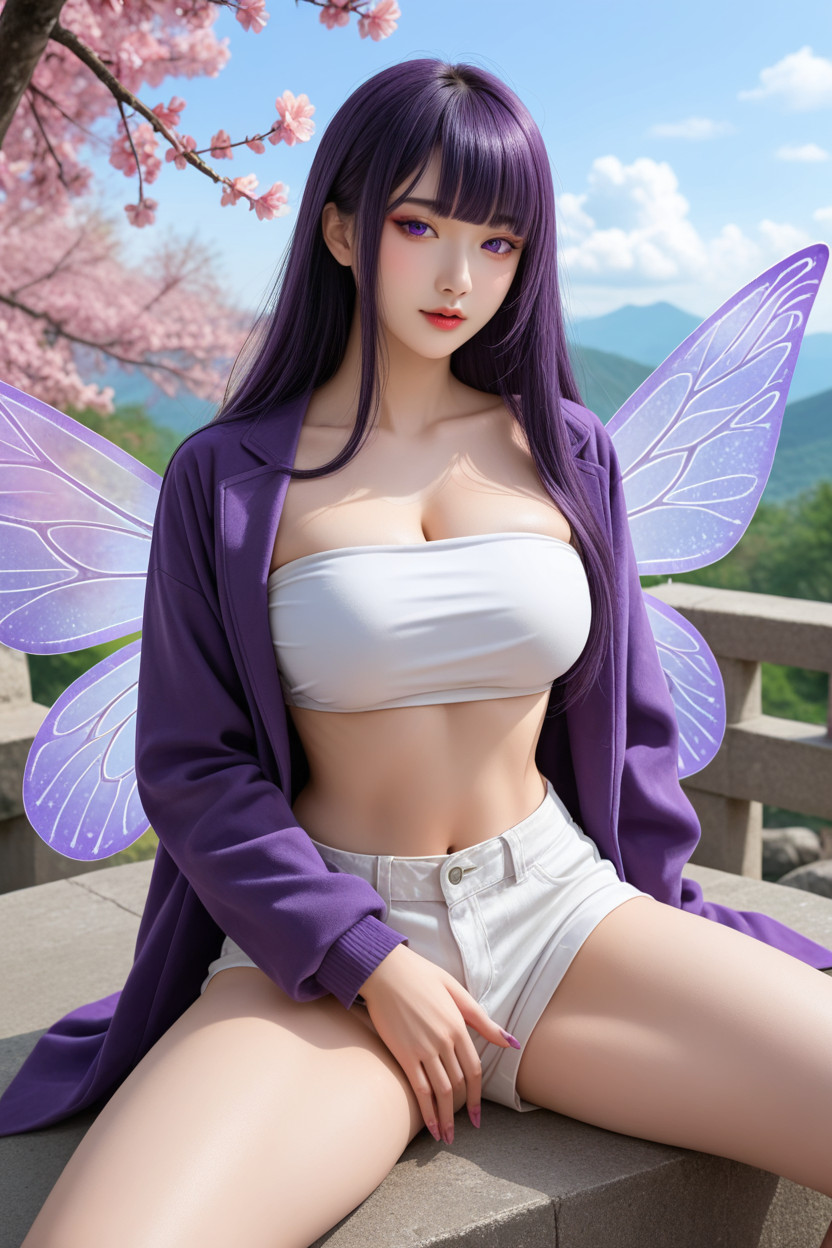 Blue Sky With Clouds, Perfect Chinese Idol Face, Sitting Down Asian AI Porn