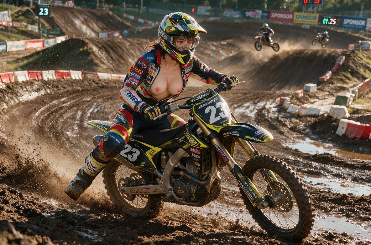 And Racing Boots Her Racing Suit Is Unfastened At The Neck And Unzipped From The Neck All The Way Down To The Waist Revealing Bare Skin Underneath, Trailing Behind Her As They Aggressively Tackle A Dirt Jump Ramp Lighting & Atmosphere Bright, Water Spray Asian AI Porn