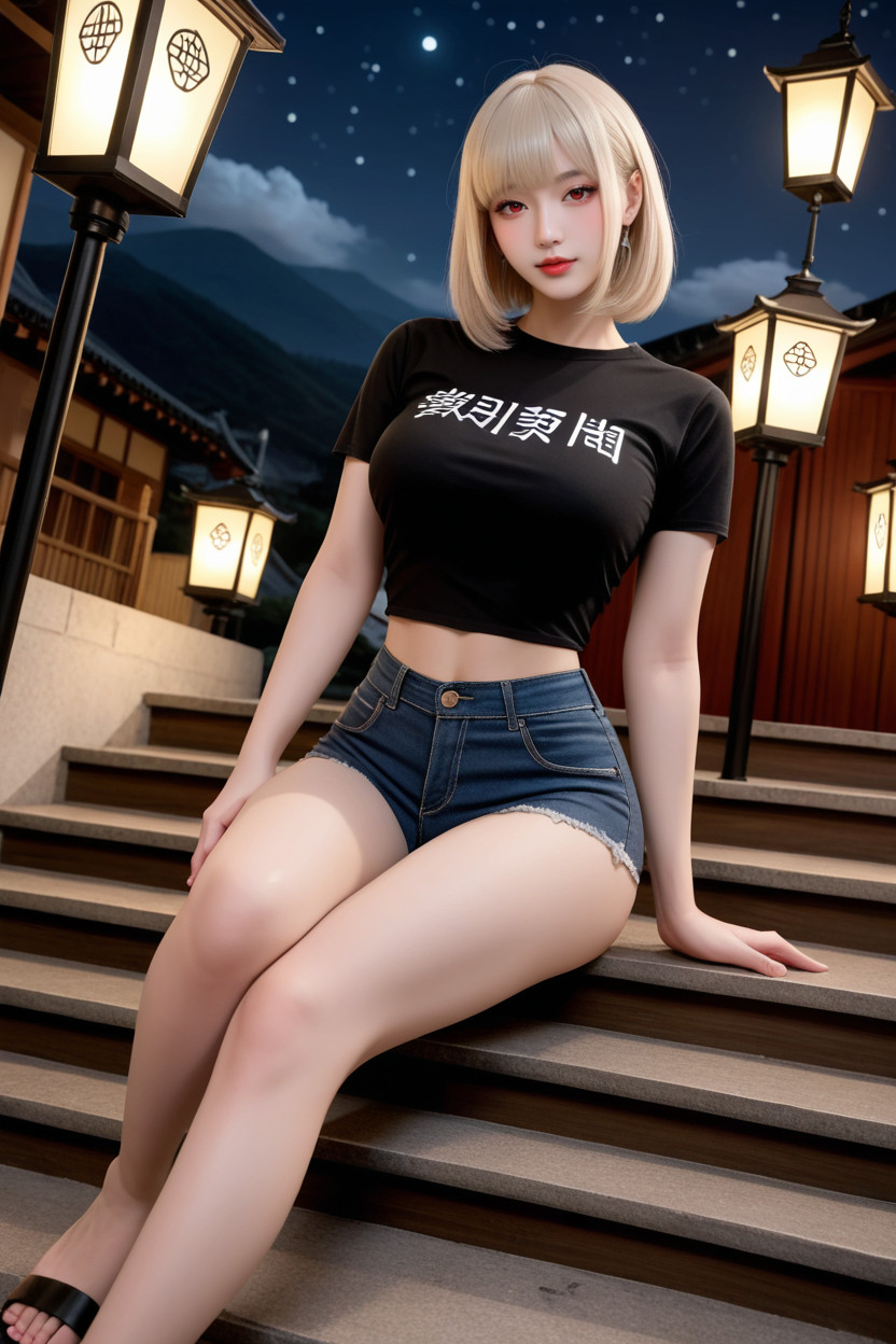 Medium Hair With Curtain Bangs, Night Sky With Stars, Full Body Shot Asian AI Porn