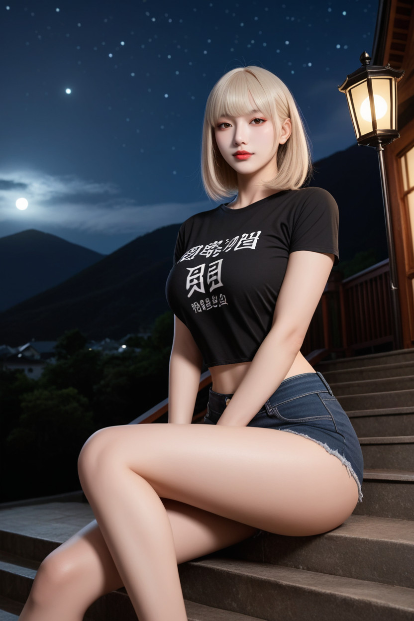 Street Lantern, Medium Hair With Curtain Bangs, Wooden House On The Mountain Asian AI Porn