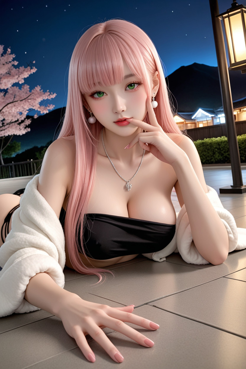 Lakeside Sidewalk, Silver Necklace, Chinese Idol Asian AI Porn
