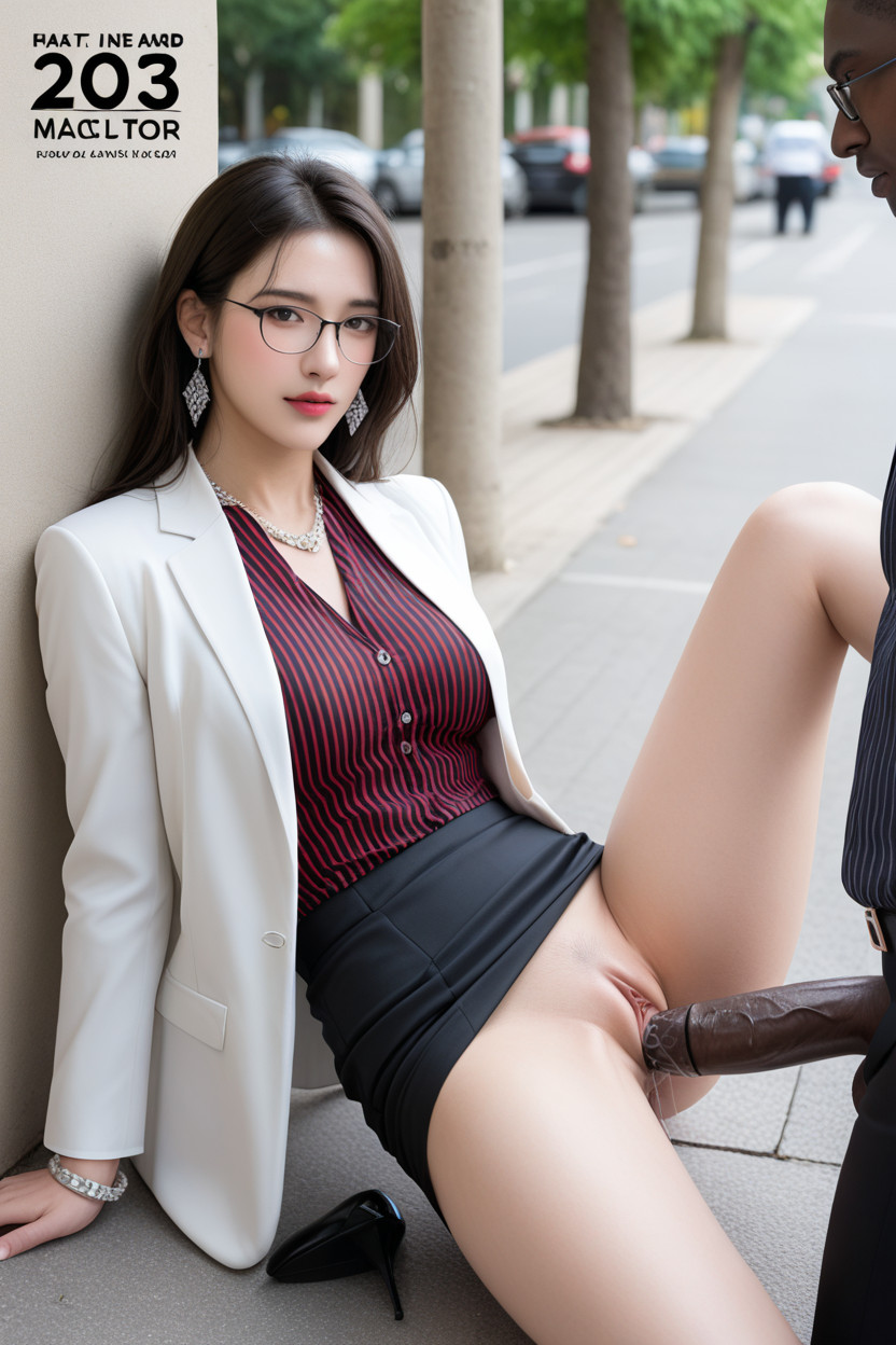 Street View From Park, Black Pencil Skirt, Glasses Asian AI Porn