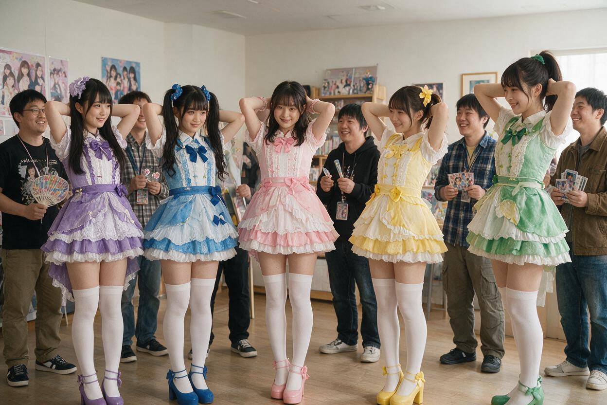 Idol Hair Accessories, Five Idols Lined Up Side-by-side At A Fan Interaction Event, K Quality All Idols Have Their Tops Wide Open Asian AI Porn