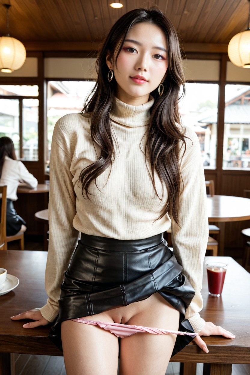 Beige Turtleneck Sweater, Light Pink Panties Pull Down, Blushing Face Asian AI Porn