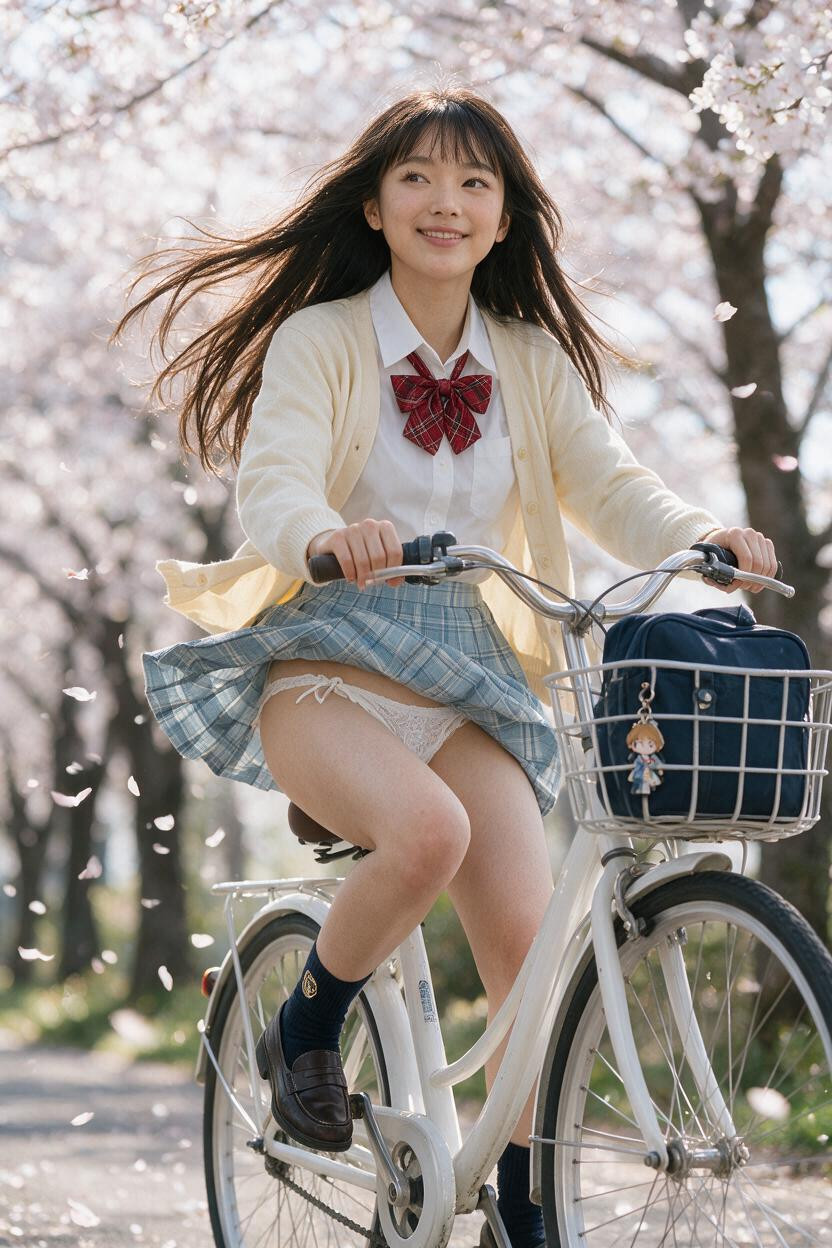 A Posture Of Accurately Pedaling, Ultra-long Hair, Light Blue Tartan Pleated Skirt 아시아 AI 야짤