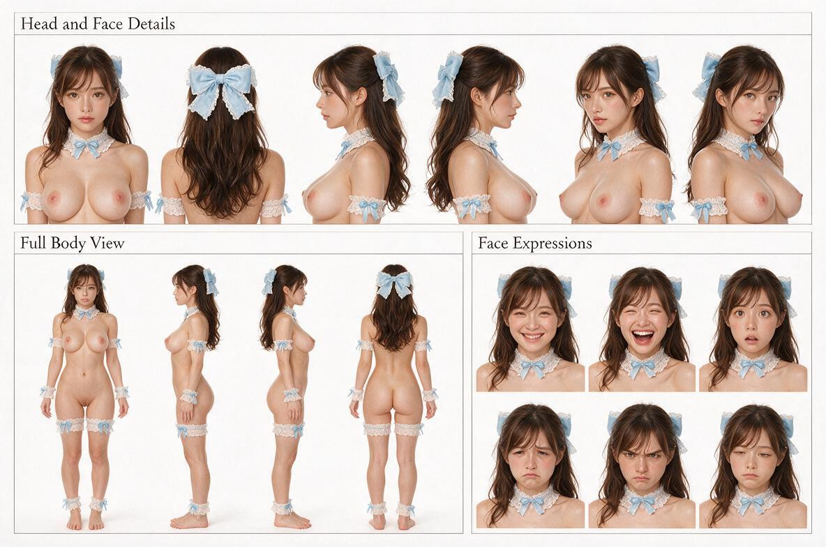 Labeled "full Body View" Are Full Body Shot Of The Character In Neutral Standing Position From Four Different Angles The Front, Right Side, Are Headshots Of The Character In Various Expressions Smiling Porno asiático IA