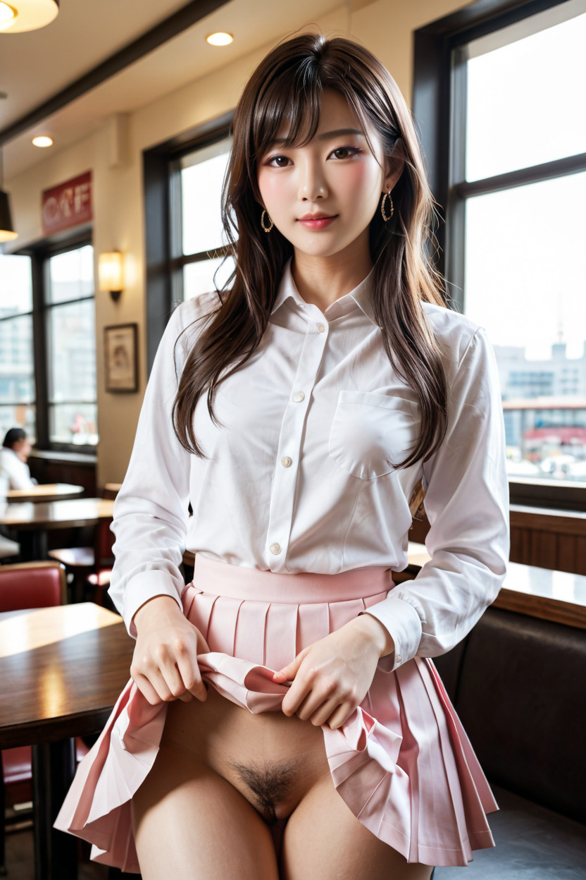 Grinning, Distinctive Beauty, Light Pink Pleated Skirt Asian AI Porn
