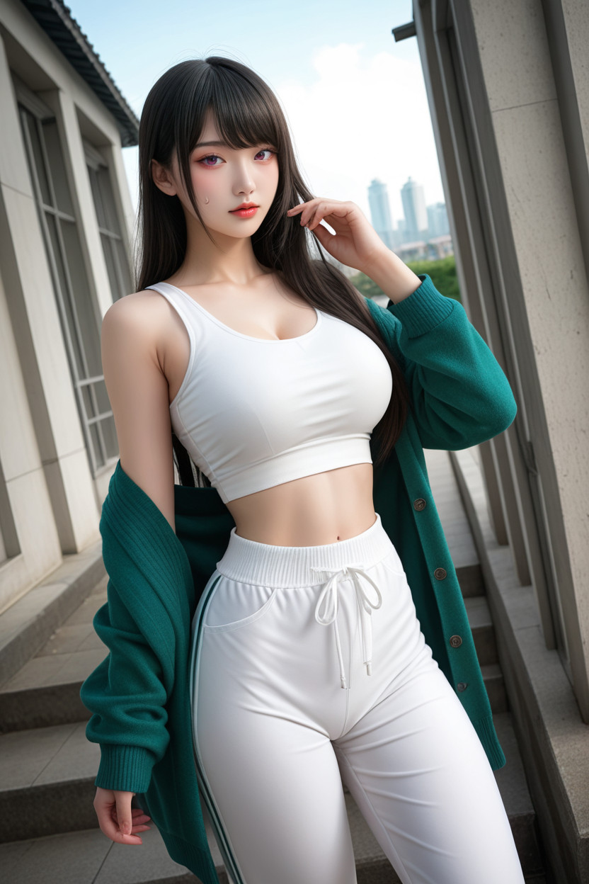 Miss Universe Winning Idol Face, White Tank Top, Extremely Beautiful Face Asian AI Porn