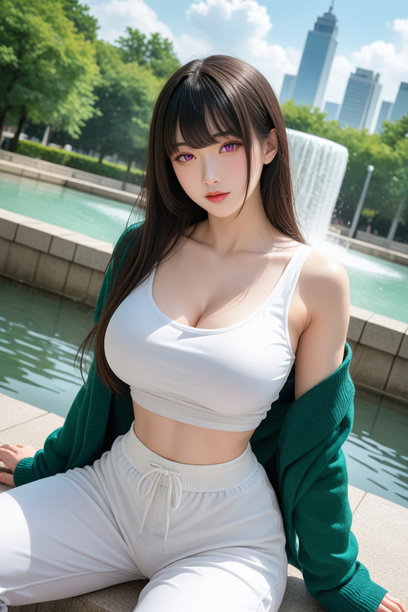 White Sweatpants, Long Hair With Curtain Bangs, Large Ass Asian AI Porn