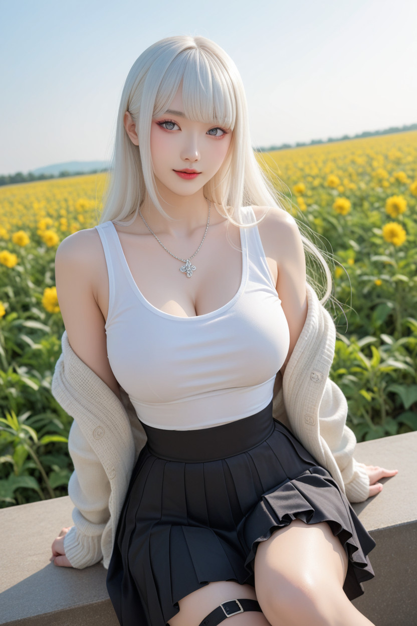 Beautiful Face, Grey Eyes, Black Thigh Strap Garter Asian AI Porn