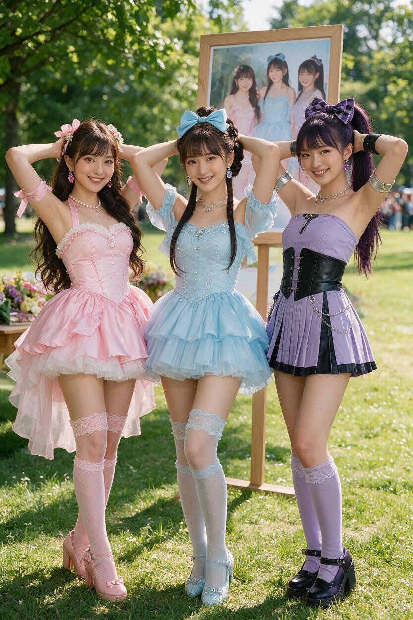 Goddess-like Beauty, Three Idols Are Wearing Nothing On Their Lower Bodies, The Setting Is The Photo Session Stage At The Fan Appreciation Event Asian AI Porn
