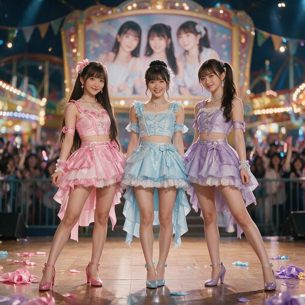 Japanese Idol-style Look, All Three Women Have Long Legs, Soft-focus Background Porno asiático IA