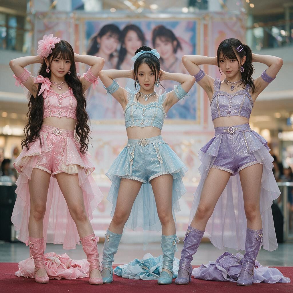 Perfect Japanese Idol Face, All Five Of Them Have Their Breasts Exposed While Still Wearing Their Tops, The Setting Is The Photo Session Stage At The Fan Appreciation Event Asian AI Porn
