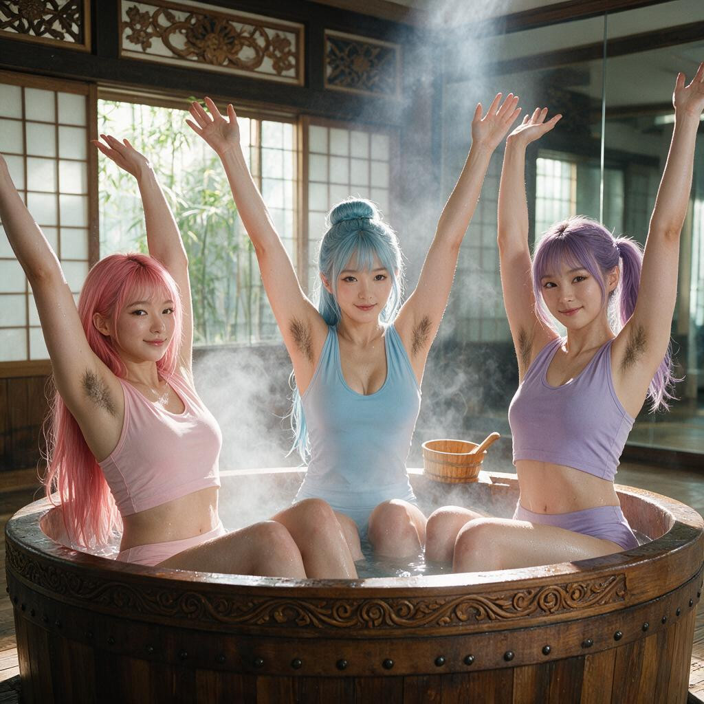 Very Pale White Skin, Light Blue Outfit, Prominent Armpit Hair Asian AI Porn