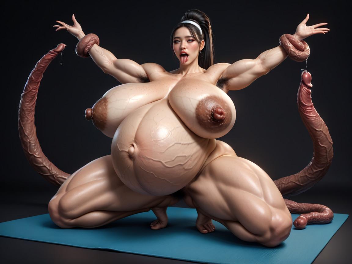 Colossal Veiny Boobs Sagging Down To Waist, Front View, Sit On The Floor With One's Back Against The Wall Asian AI Porn