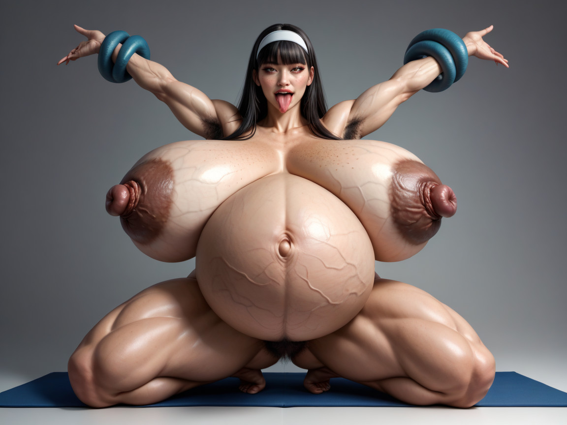 Sit On The Floor With One's Back Against The Wall, Ahegao, Hyper Heavy Droopy Huge Belly Pregnant Asian AI Porn