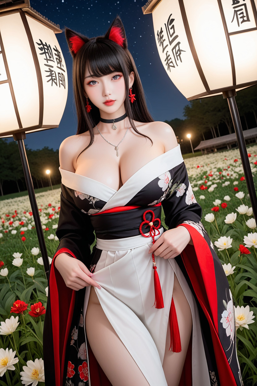 Front View, Extremely Beautiful Face, Flower Field Asian AI Porn