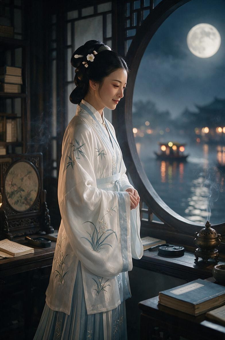 Willow-leaf Eyebrows, And A Subtle, Wistful Smile She Is Wearing An Authentic Asian AI Porn