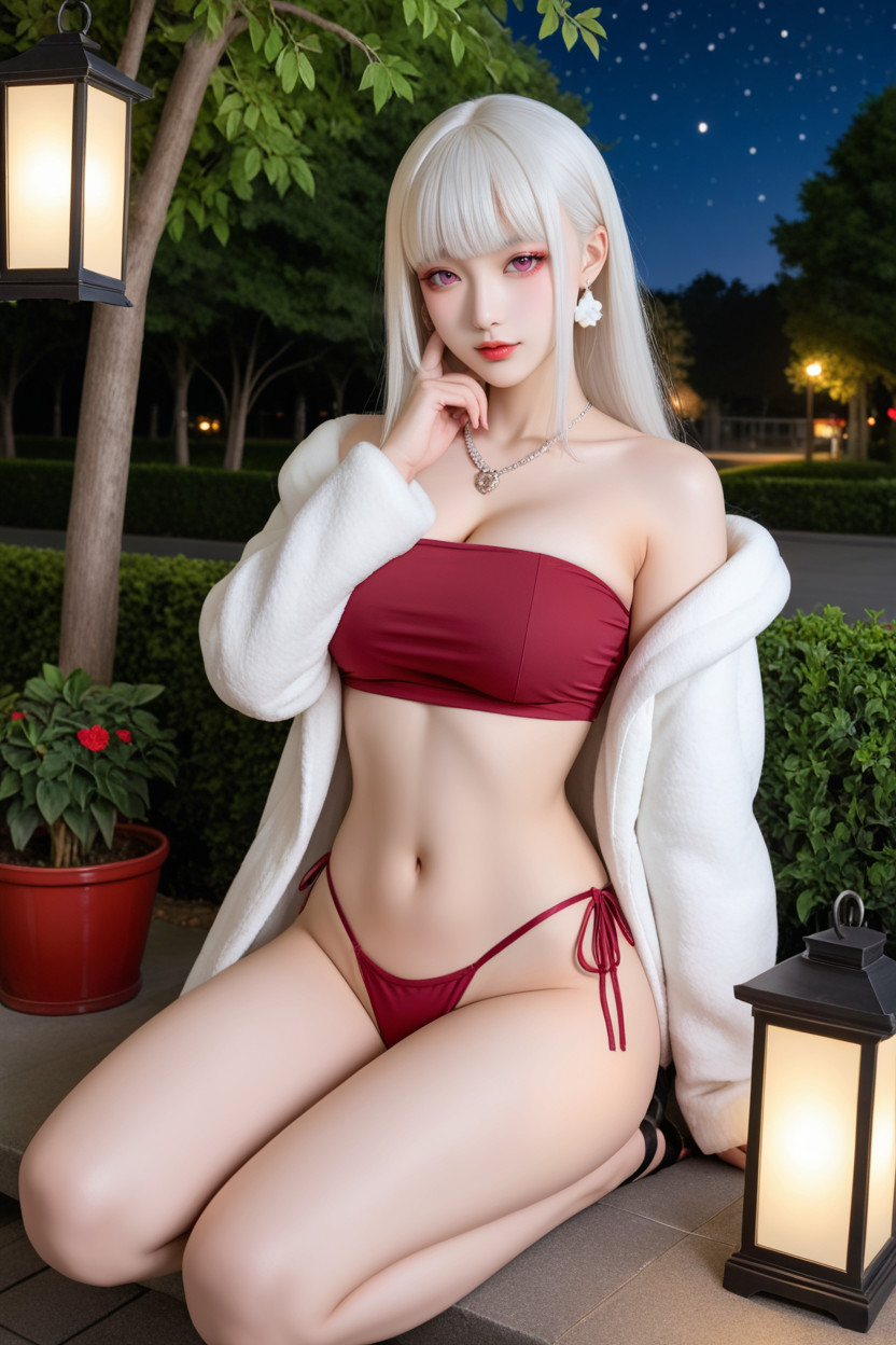 Wide Hip, White Hair, Burgundy G-string With Side Tie Asian AI Porn