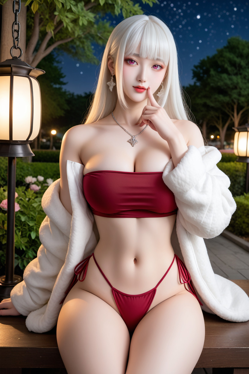 White Wool Jacket, Chinese Goddes, Black Thighs Strap Garter Asian AI Porn