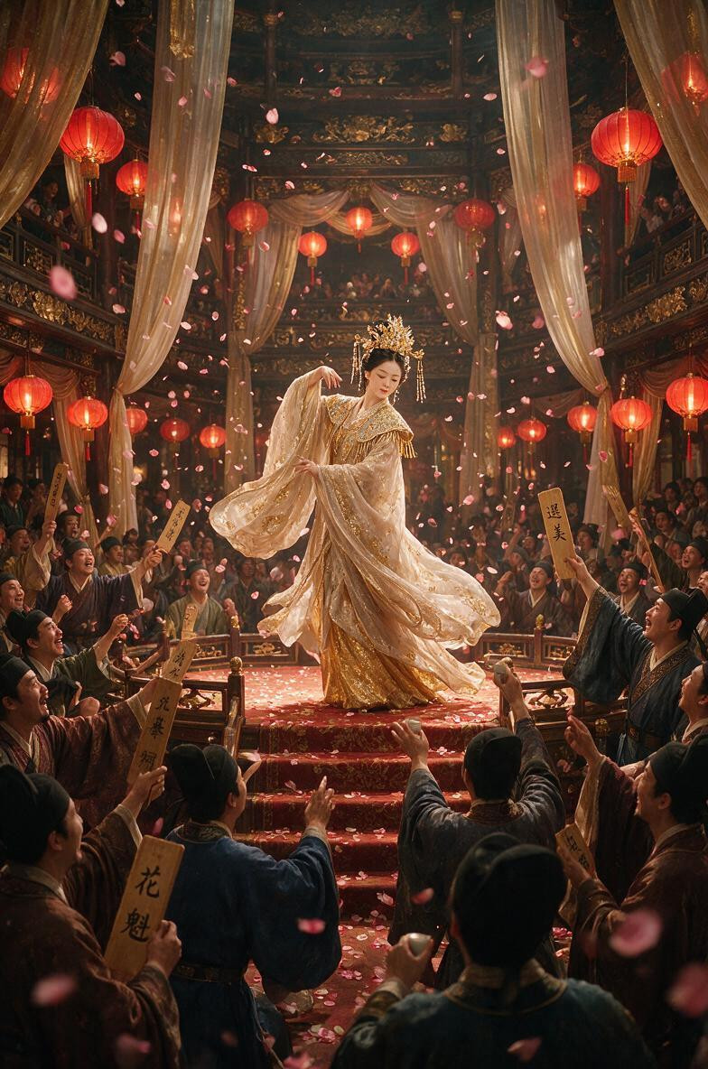 Surrounded By Floating Flower Petals Below The Stage, A Crowd Of Enthusiastic Ming Dynasty Audience Members—wealthy Merchants, And Celebratory Atmosphere Asian AI Porn