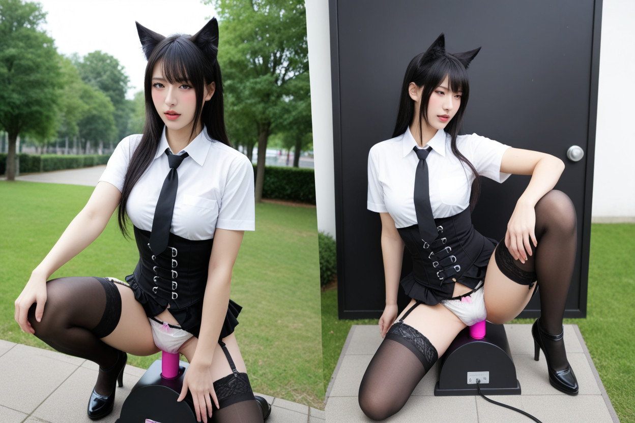 Large Fluffy Black Fox Ears, Medium Shot, Cat Pose Asian AI Porn