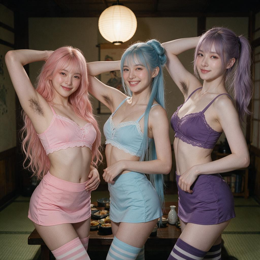Light Blue Hair Bun With Long Side Locks, Bangs, Toned Waist Asian AI Porn