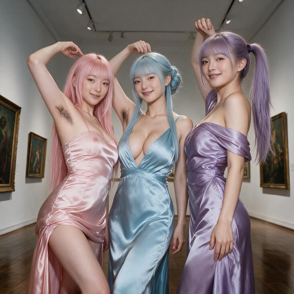 Silk Dress, Pale Pink Nipples, 3 People Asian AI Porn