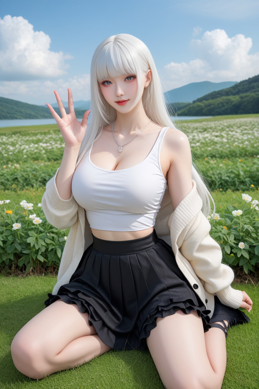 Hourglass Figure, White Hair, Miss Universe Winning Idol Face Asian AI Porn