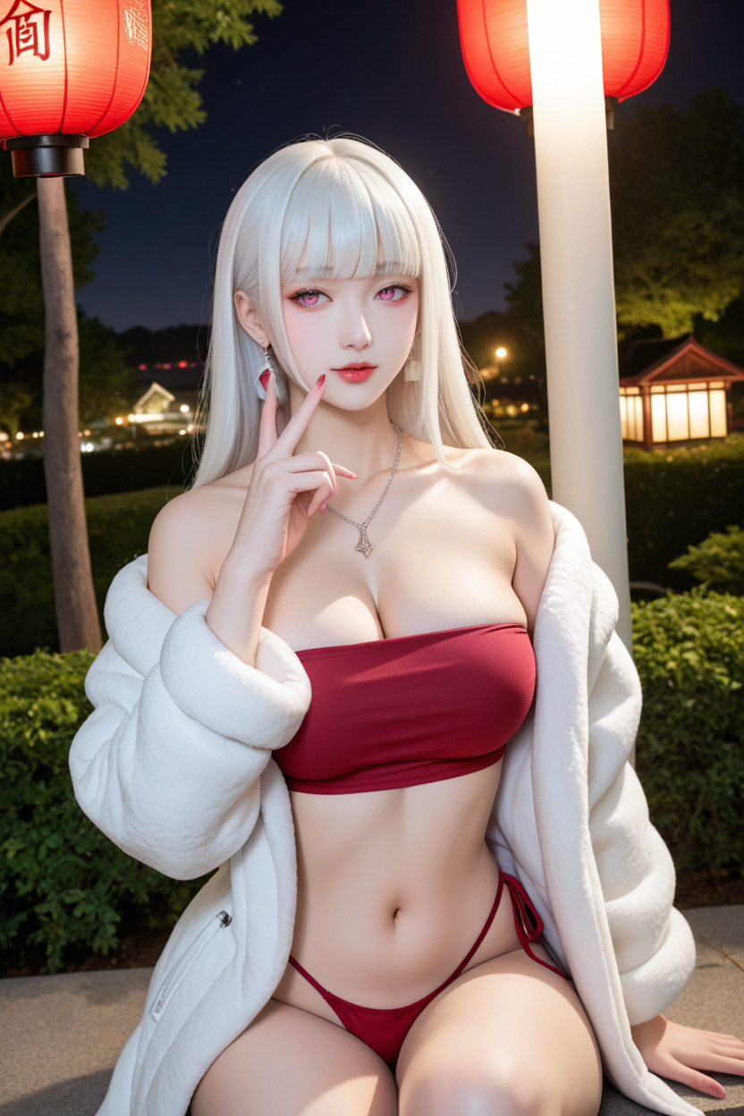White Skin, Burgundy Bandeau, Perfect Waist And Hip Asian AI Porn