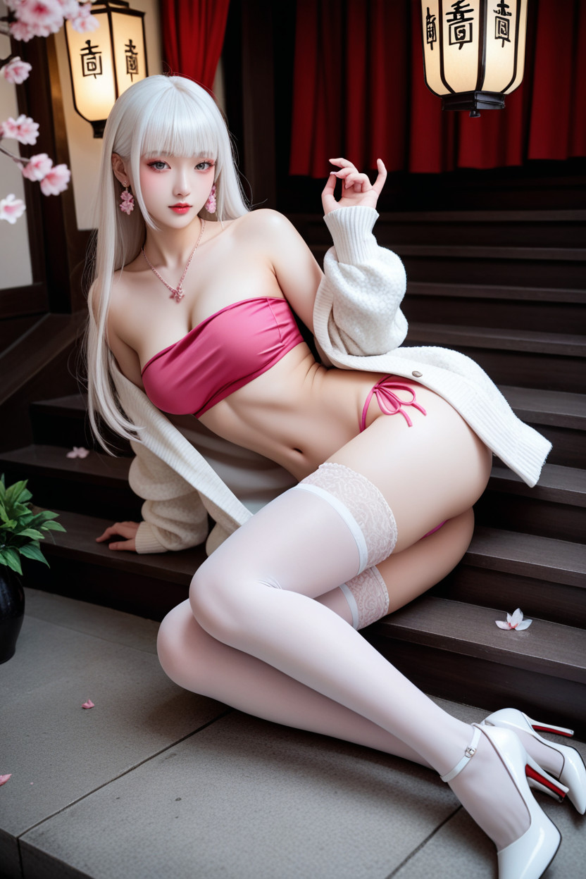 Lying On Floor, White Hair, Pink Chain Necklace Porno asiático IA