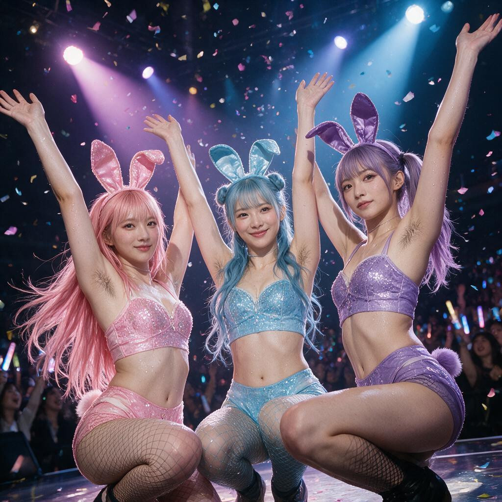 Prominent Armpit Hair, Fishnets, Deep Squat At The Front Of The Stage Asian AI Porn