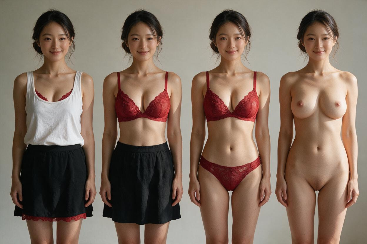 White Loose Tanktop And Black Skirt, Or Artificial Ai-generated Appearance Full Body Visible From Head To Toe, Absolutely No Plastic Asian AI Porn