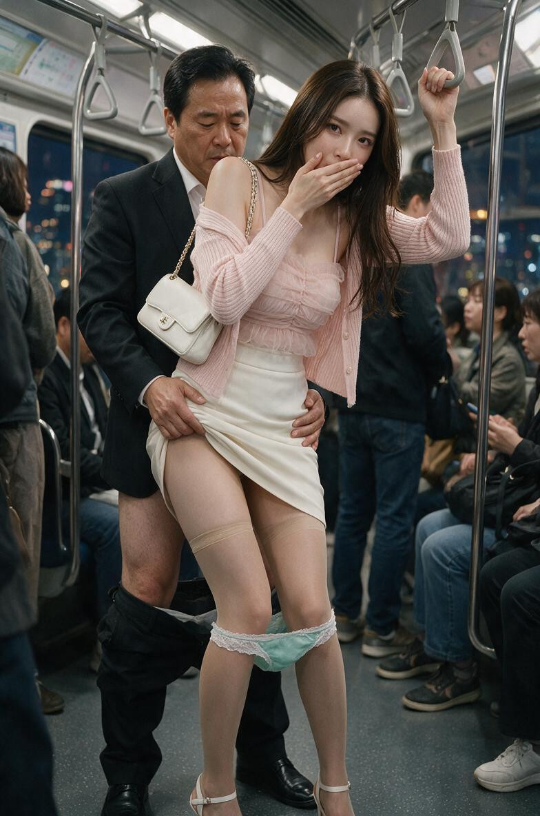 Woman Raises Her Left Hand And Holding The Subway Hanging Strap, Realistic Smooth Skin, Woman Wearing Light Pink Tulle Shirring Sleeveless Top With Spaghetti Strap Asian AI Porn