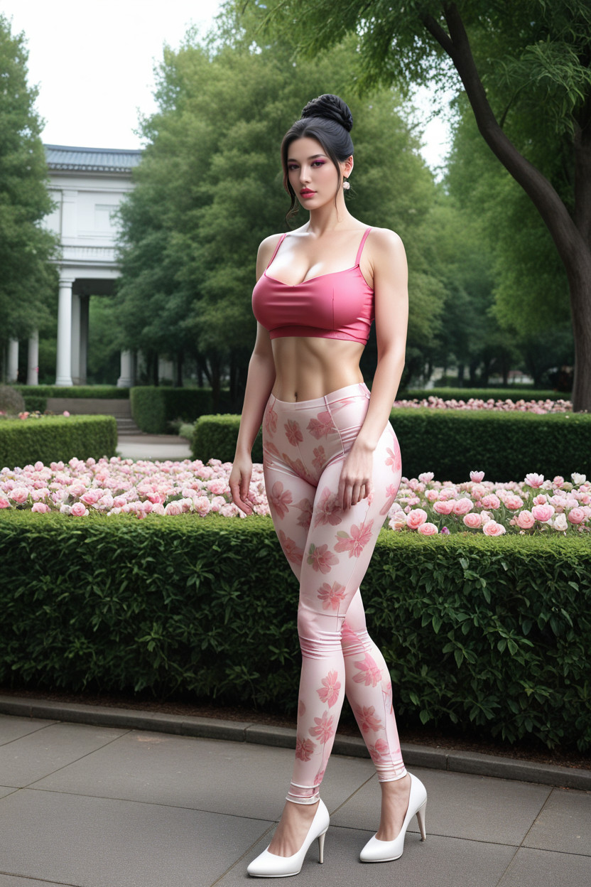Sensual, Pink Crop Top, Outdoors Asian AI Porn