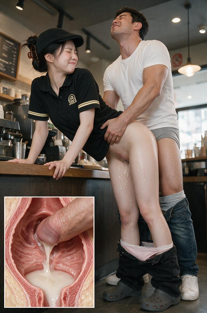 Female Franchise Coffee Shop Barista, Miss Universe Winning Idol Face, Man Is Holding The Woman's Waist With Both Hands Asian AI Porn
