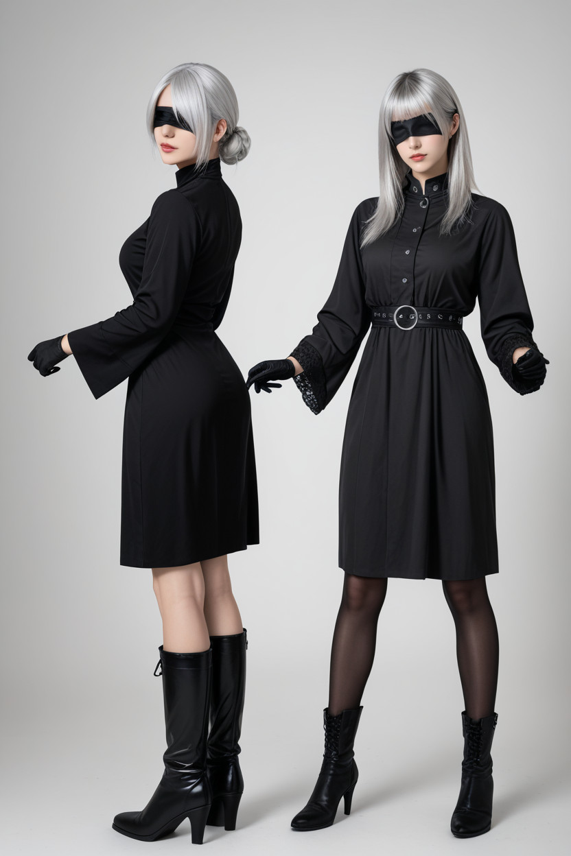 Detailed Costume Craftsmanship, Cosplay, Opaque Black Fabric Blindfold Neat Silver-white Hair Framing Her Face Asian AI Porn